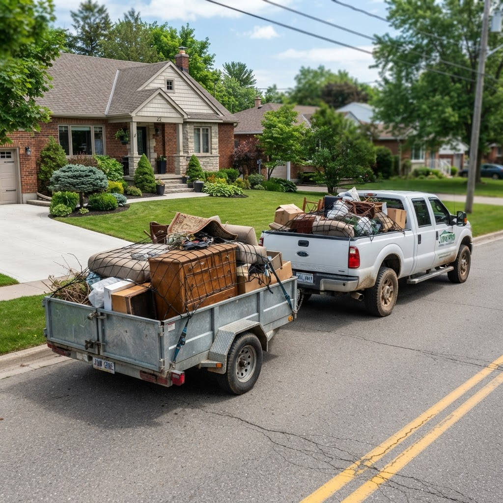 Truck and trailer loaded with old furniture and yard debris being hauled away